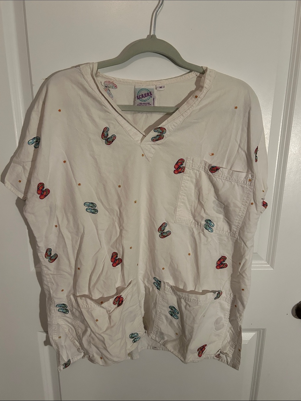 White Scrubs Top with Flip Flop Print
